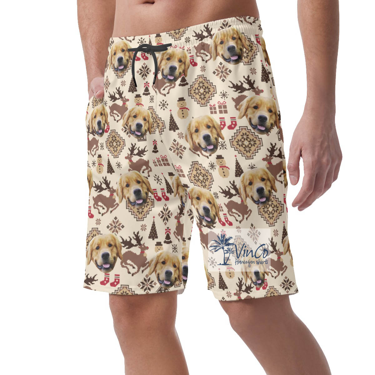 Custom Dog Face Christmas Reindeer And Snowman Hawaiian Beach Shorts