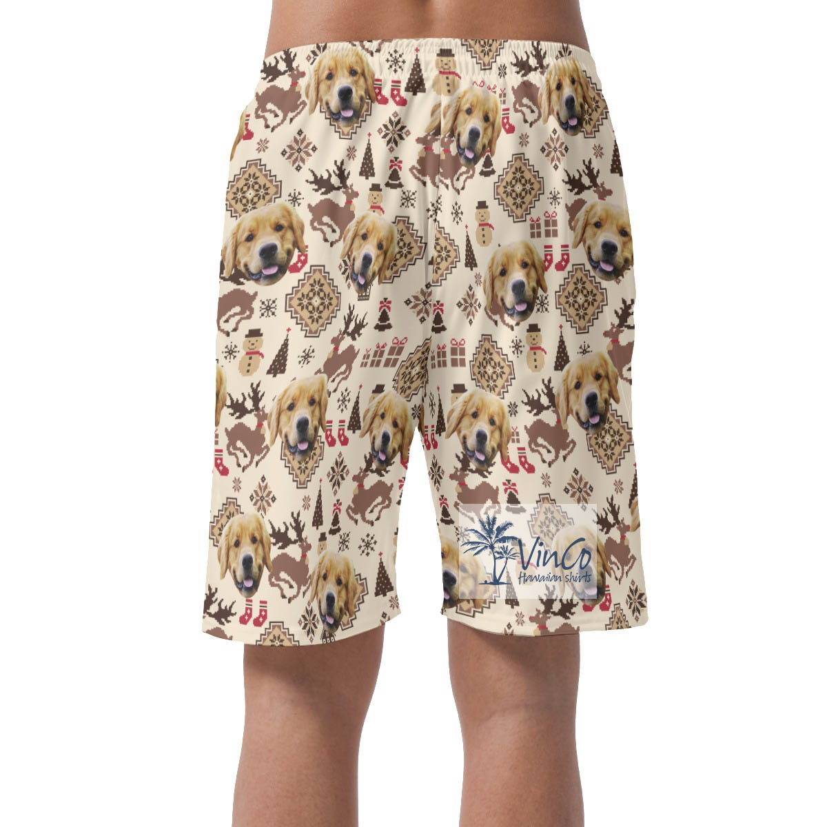 Custom Dog Face Christmas Reindeer And Snowman Hawaiian Beach Shorts