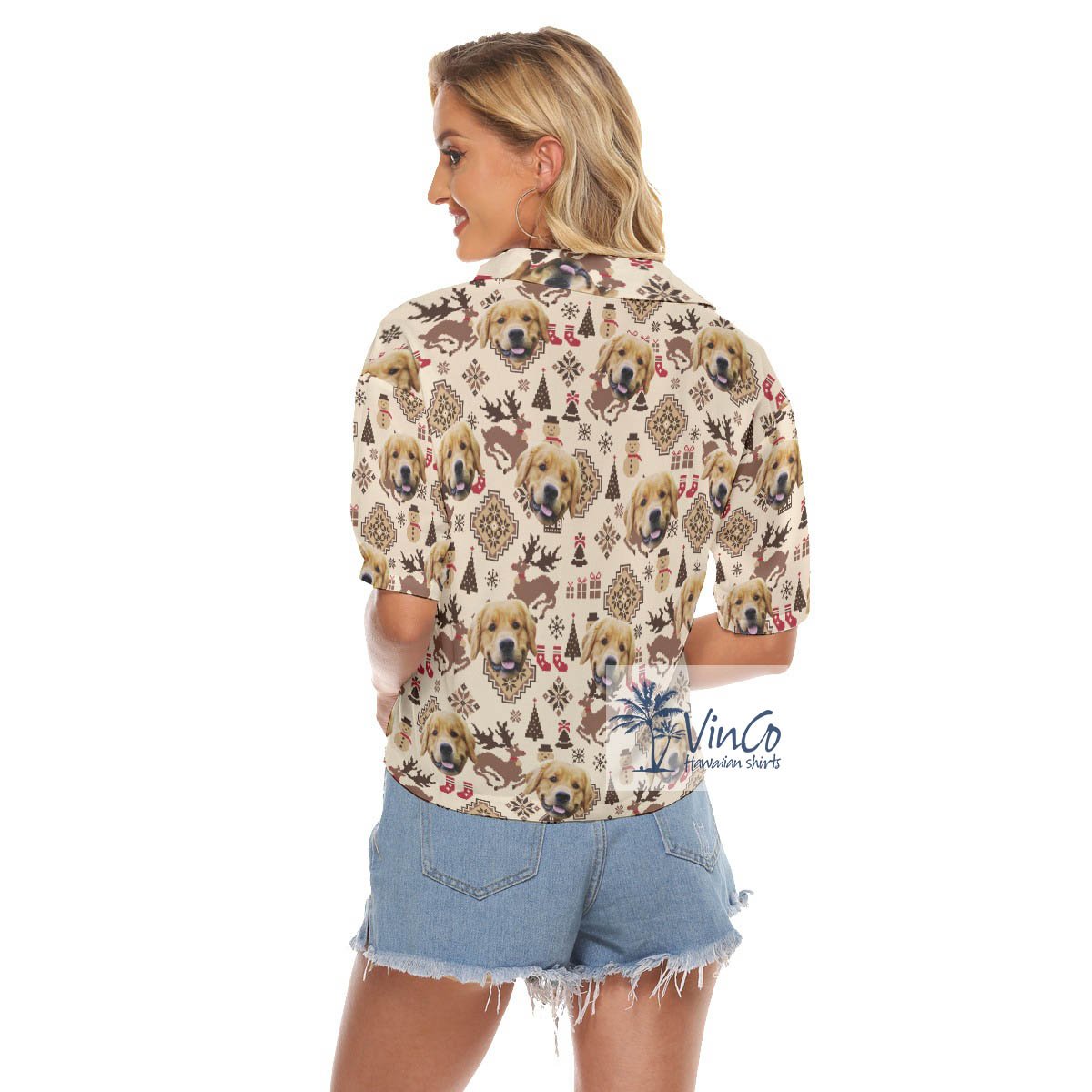 Custom Dog Face Christmas Reindeer And Snowman Aloha Cropped Shirt For Women