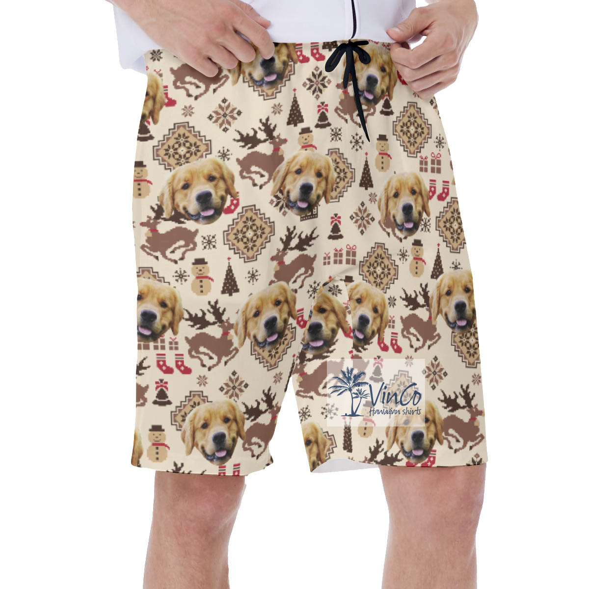 Christmas Reindeer And Snowman Custom Dog Face Hawaiian Swimwear For Men
