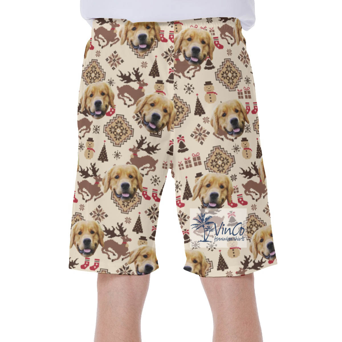 Christmas Reindeer And Snowman Custom Dog Face Hawaiian Swimwear For Men
