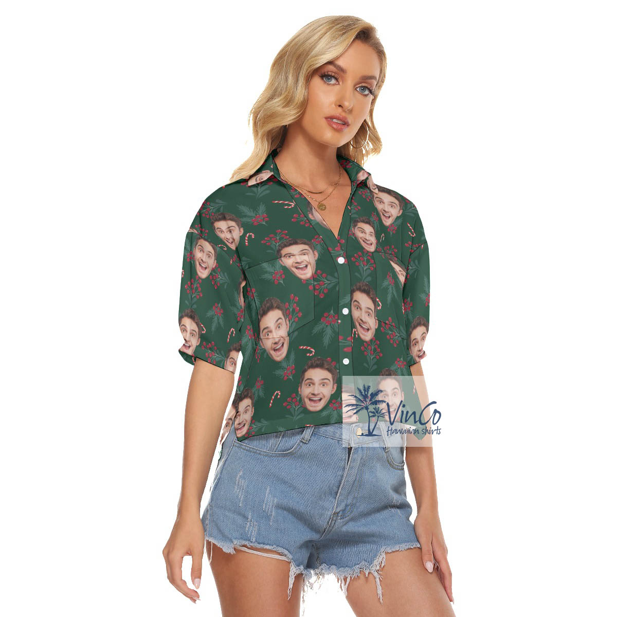Funny Custom Face Christmas Berries Hawaiian Crop Top Shirt For Women