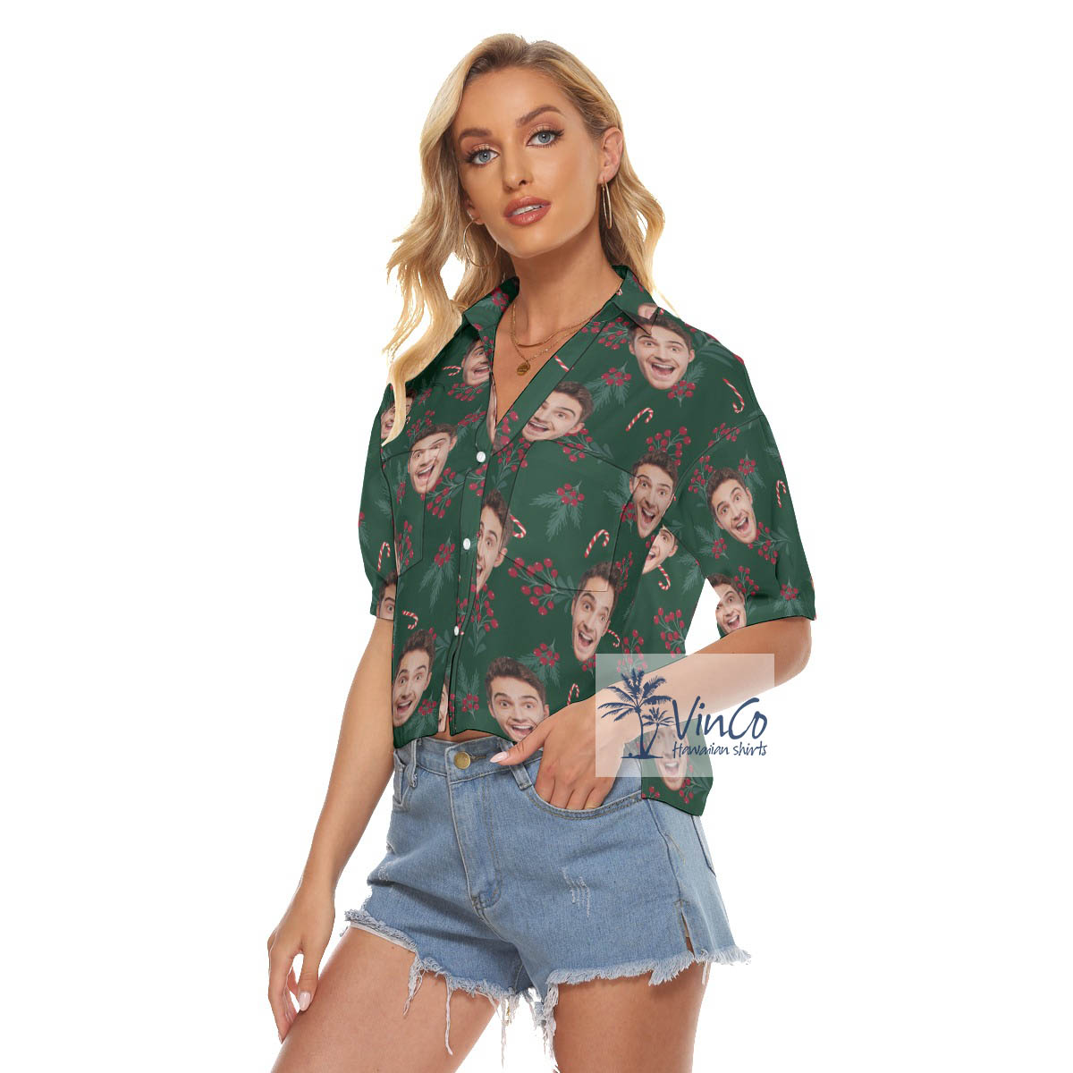 Funny Custom Face Christmas Berries Hawaiian Crop Top Shirt For Women