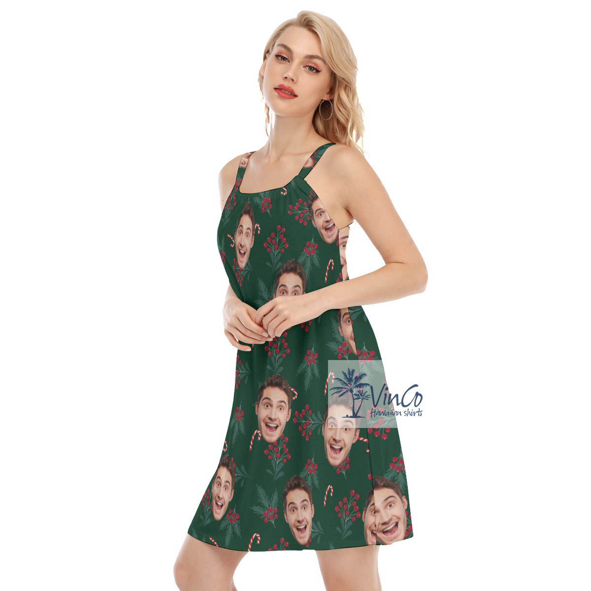 Custom Face Christmas Berries Hawaiian Cami Dress For Women