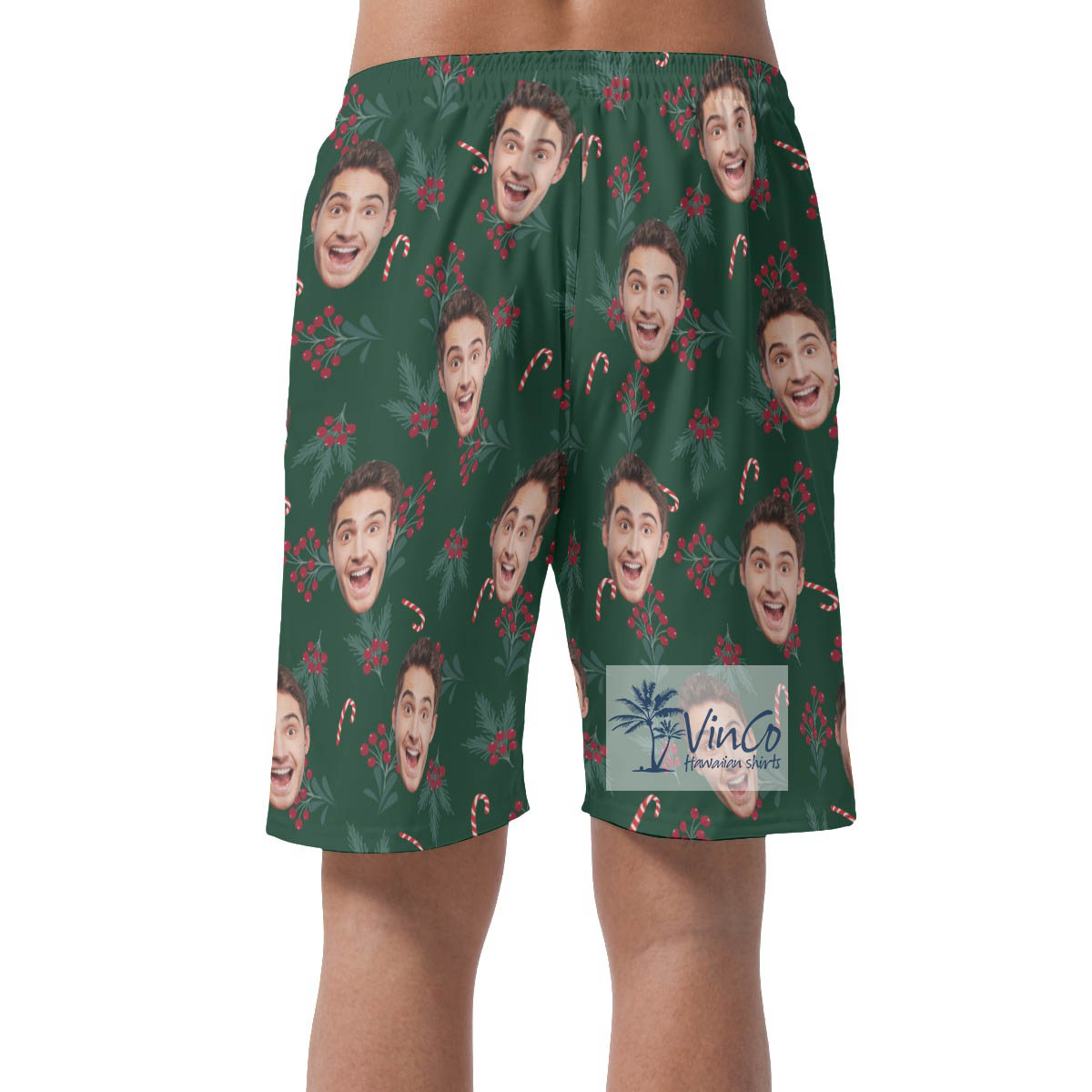 Custom Face Holly Berries Hawaiian Beach Shorts For Men