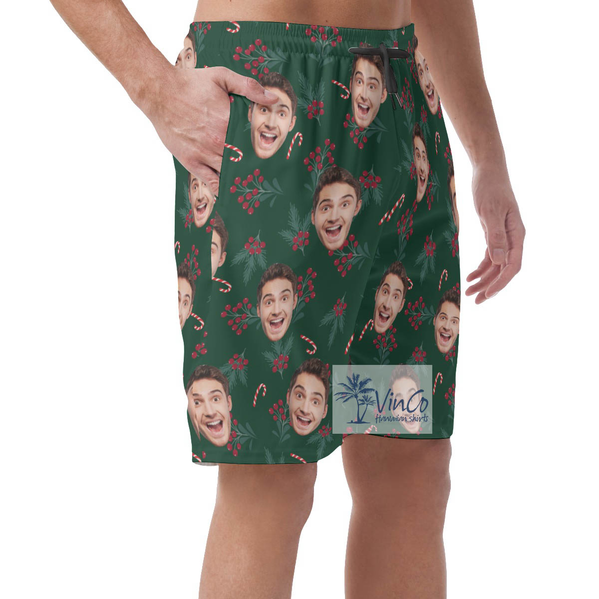 Custom Face Holly Berries Hawaiian Beach Shorts For Men