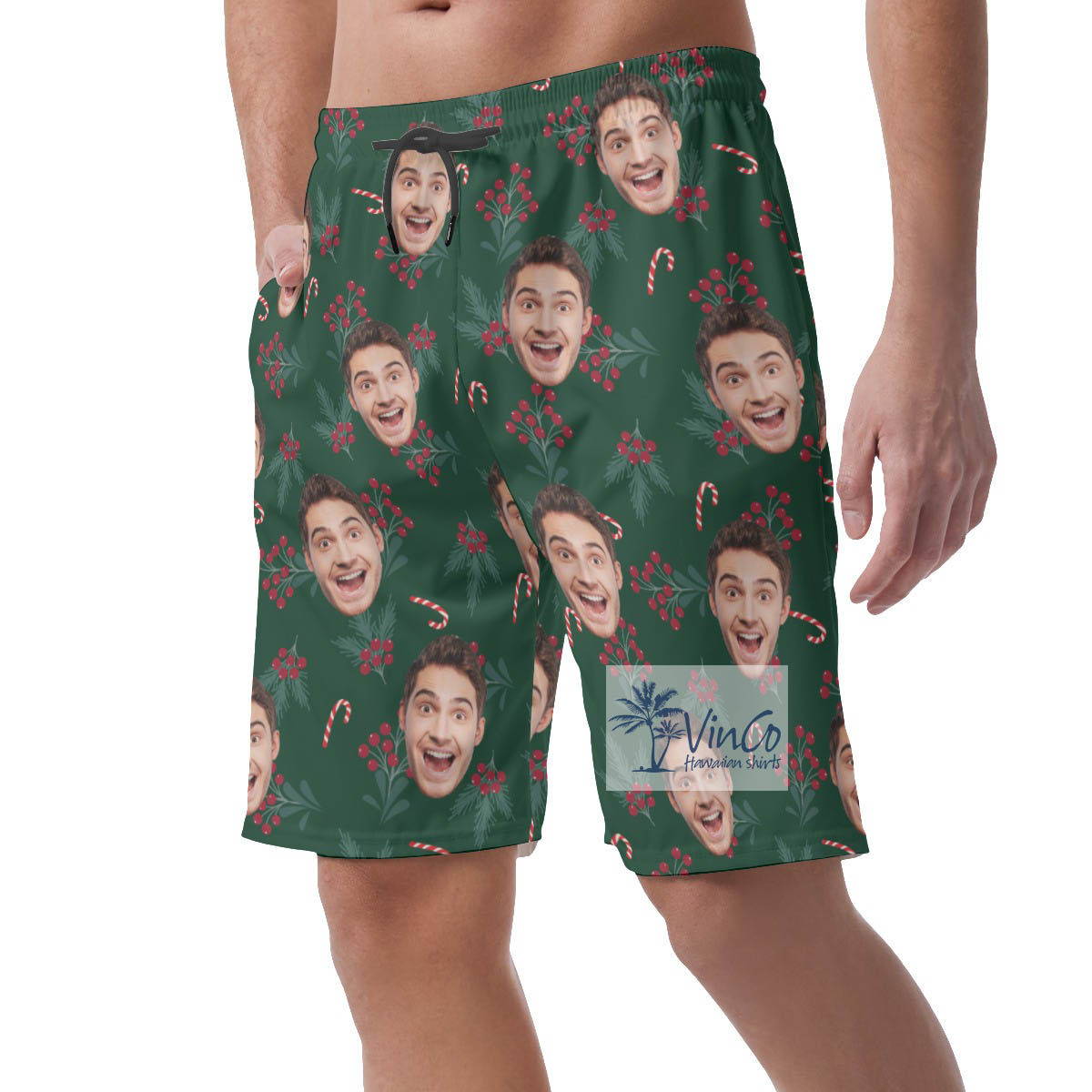 Custom Face Holly Berries Hawaiian Beach Shorts For Men