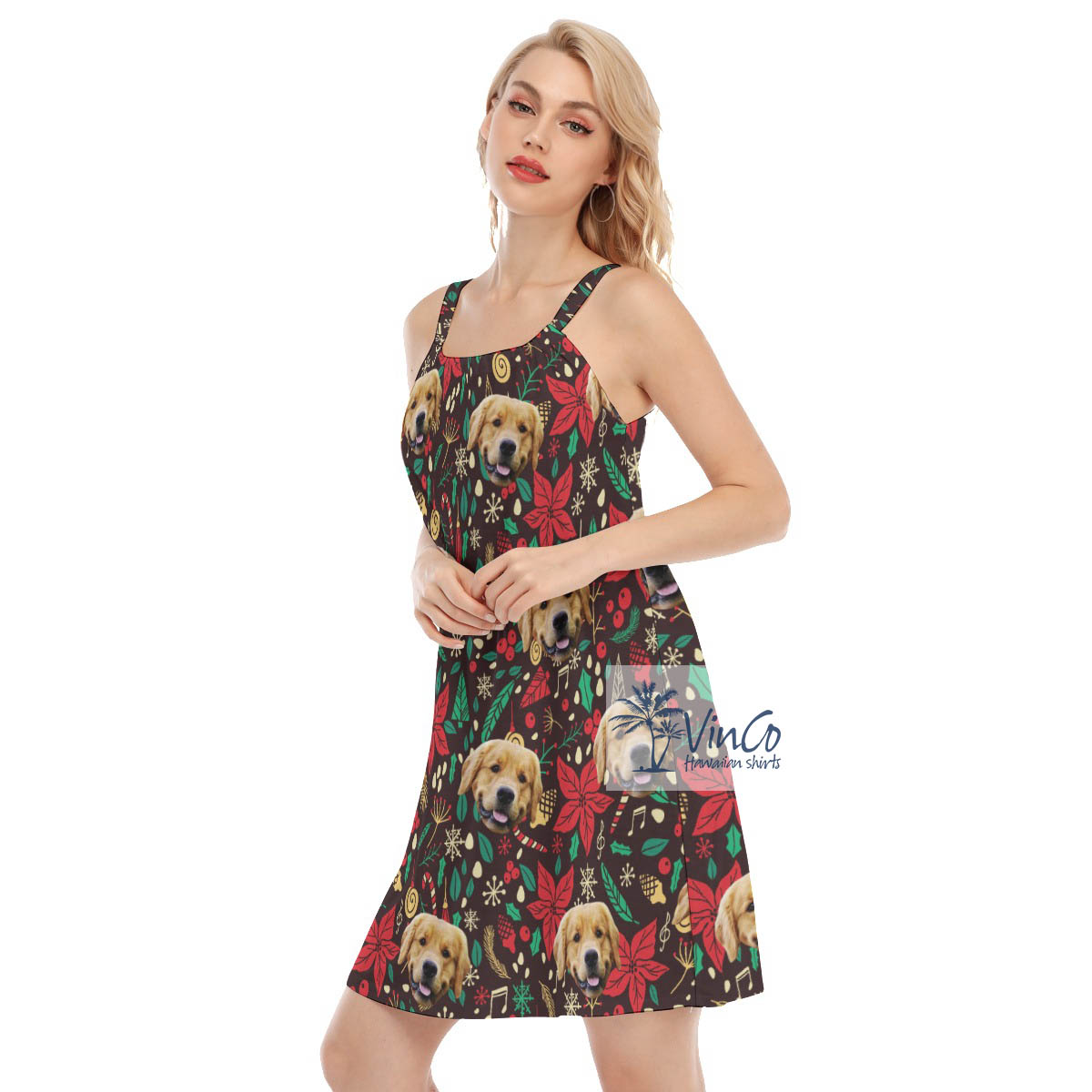 Christmas Floral Hawaiian Cami Dress With Custom Dog Face