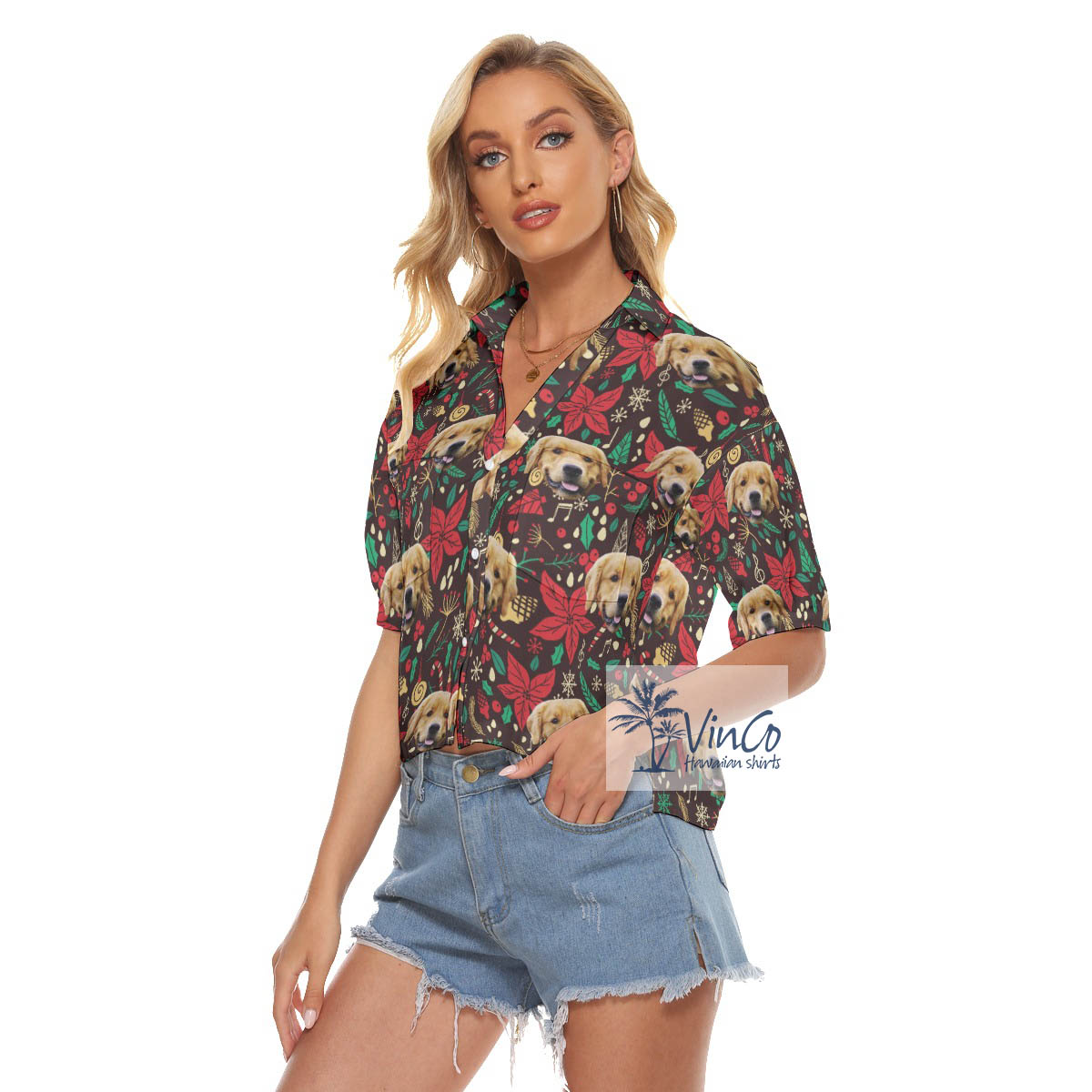 Funny Custom Pet Face Christmas Floral Aloha Crop Top Shirt