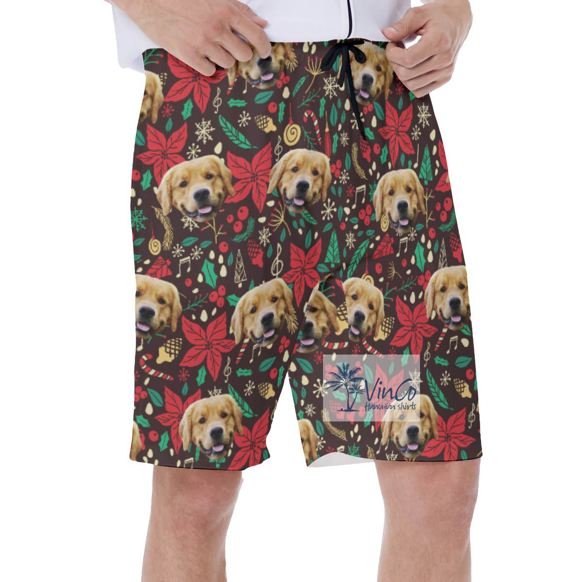 Christmas Floral Hawaiian Swim Trunks With Custom Dog Face