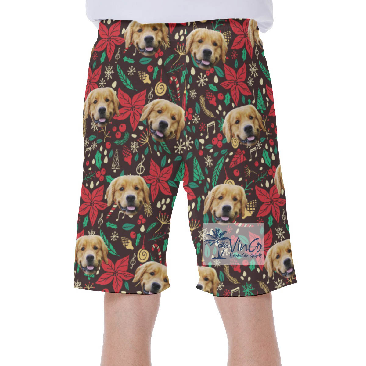 Christmas Floral Hawaiian Swim Trunks With Custom Dog Face
