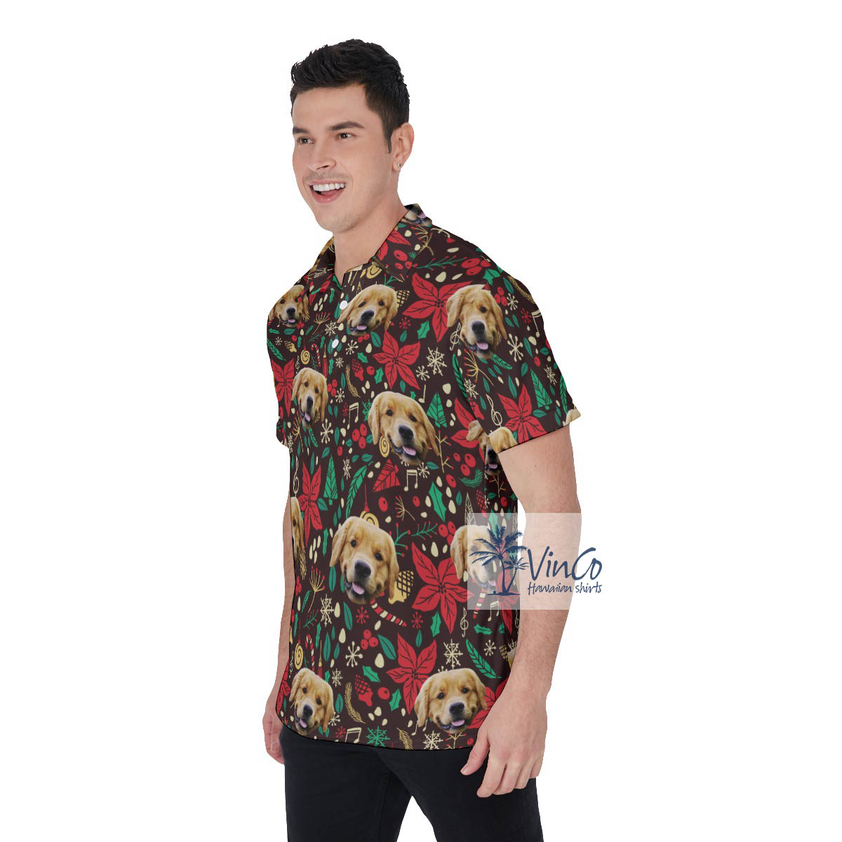 Custom Christmas Floral Hawaiian Golf Shirt With Dog Face