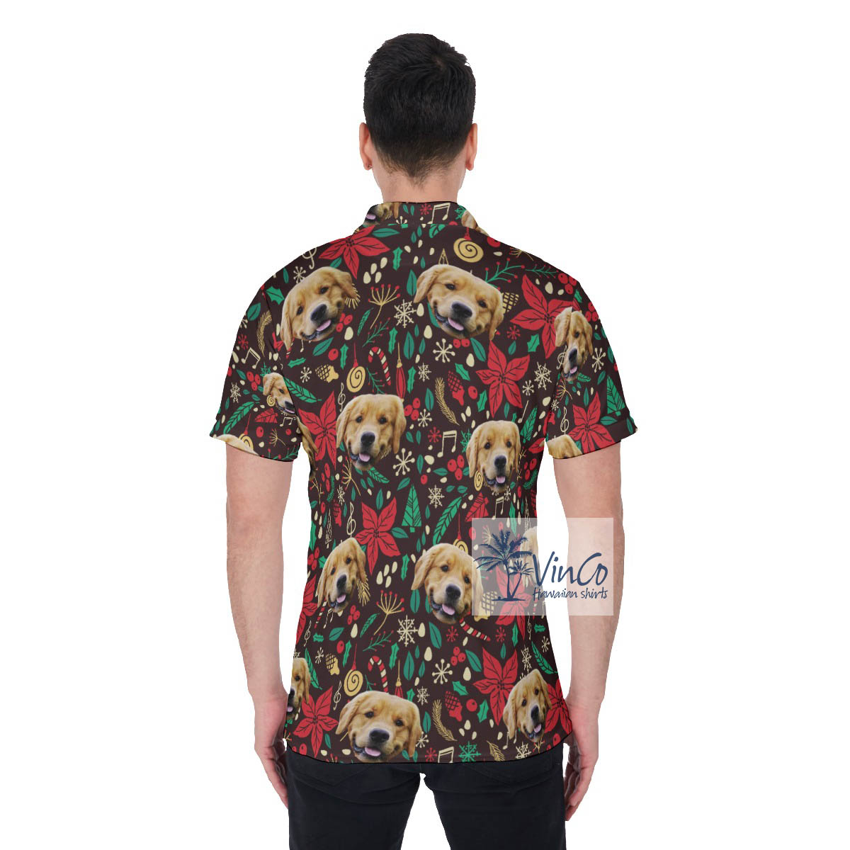 Custom Christmas Floral Hawaiian Golf Shirt With Dog Face
