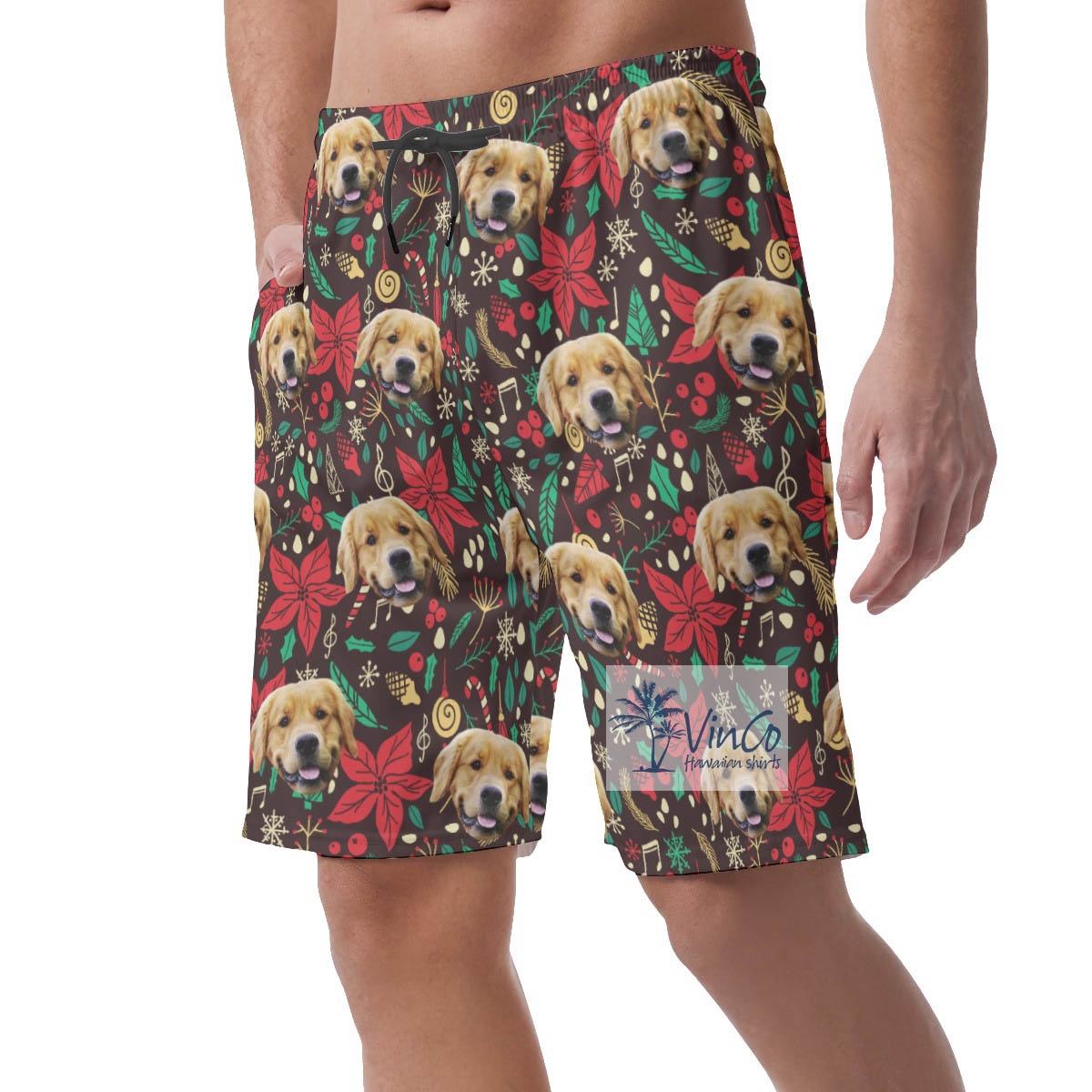 Funny Custom Dog Face Christmas Vintage Hawaiian Beach Shorts For Men