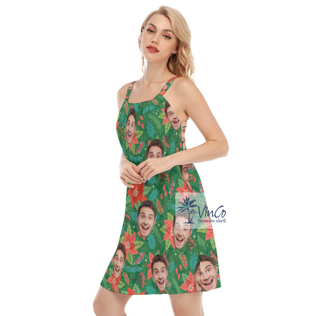 Funny Custom Face Christmas Floral Hawaiian Dresses For Women