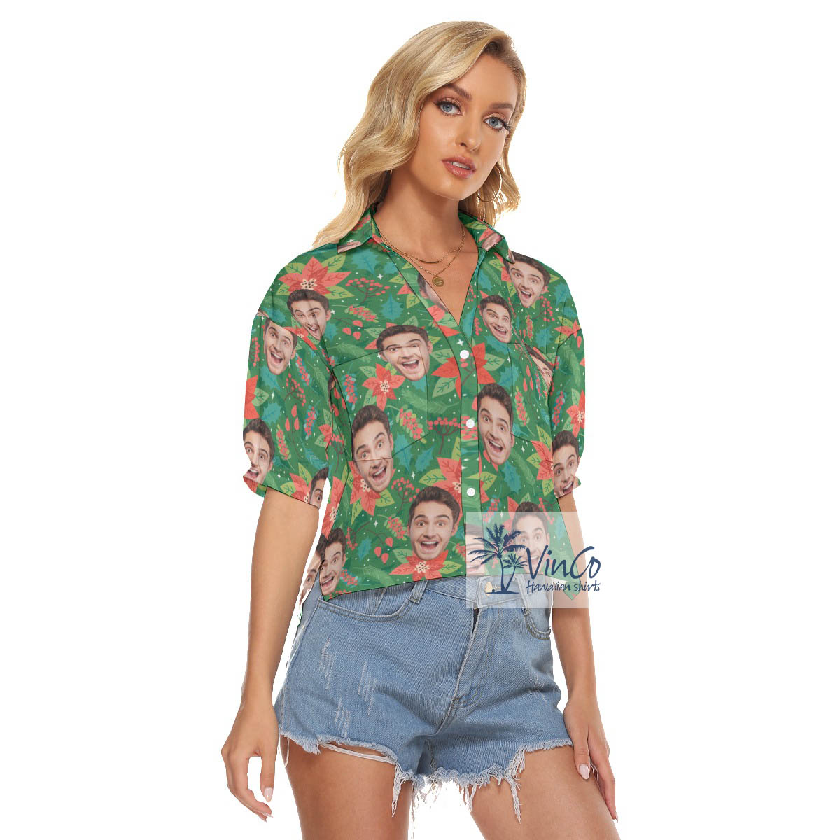 Funny Custom Face Christmas Poinsettia Aloha Crop Top Shirt For Women