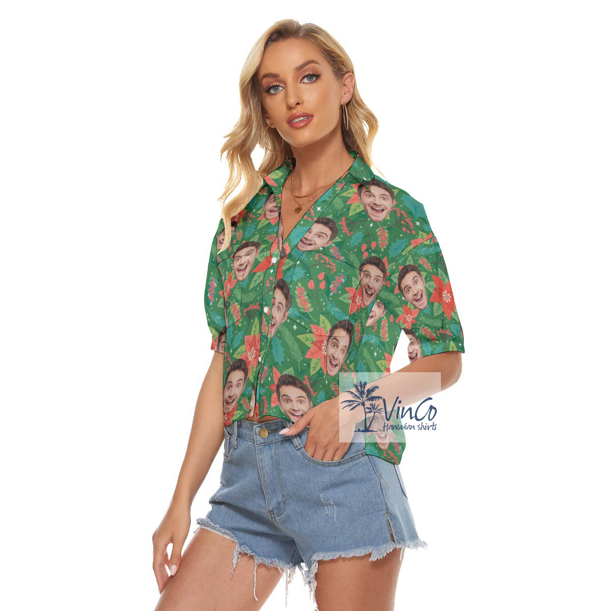 Funny Custom Face Christmas Poinsettia Aloha Crop Top Shirt For Women