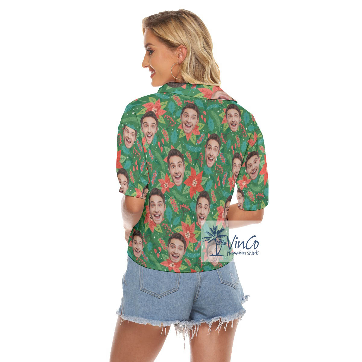 Funny Custom Face Christmas Poinsettia Aloha Crop Top Shirt For Women