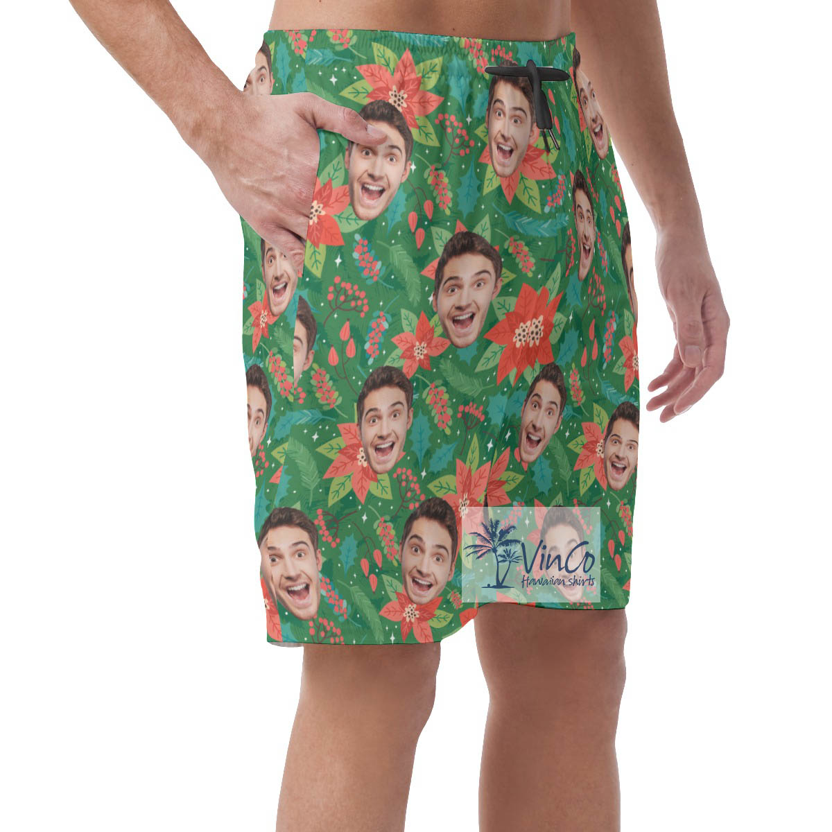 Custom Face Christmas Floral Hawaiian Beach Shorts For Men
