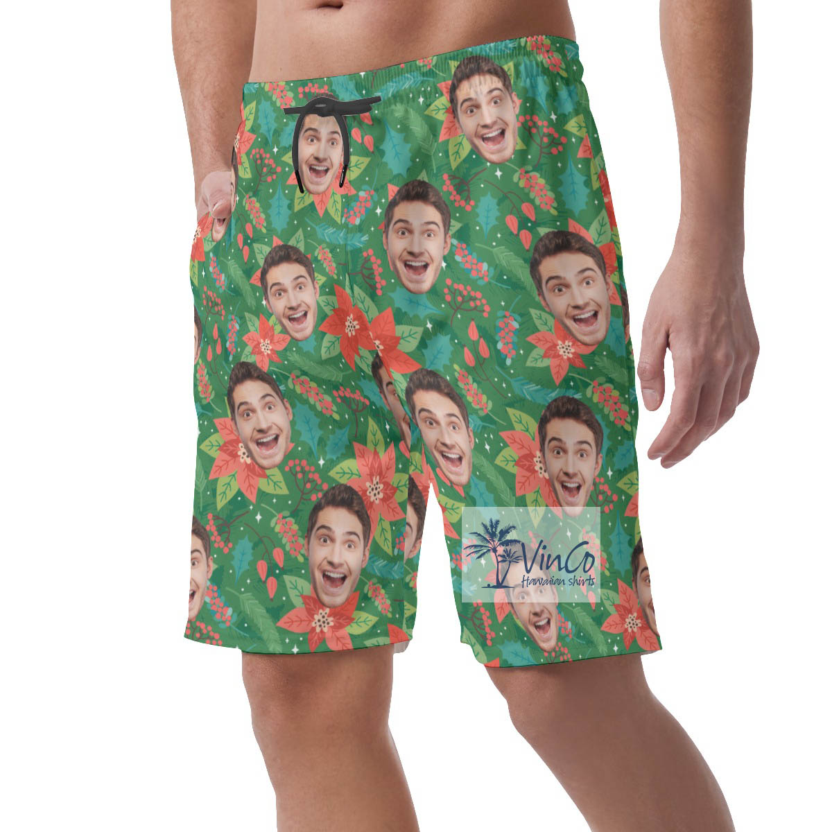 Custom Face Christmas Floral Hawaiian Beach Shorts For Men