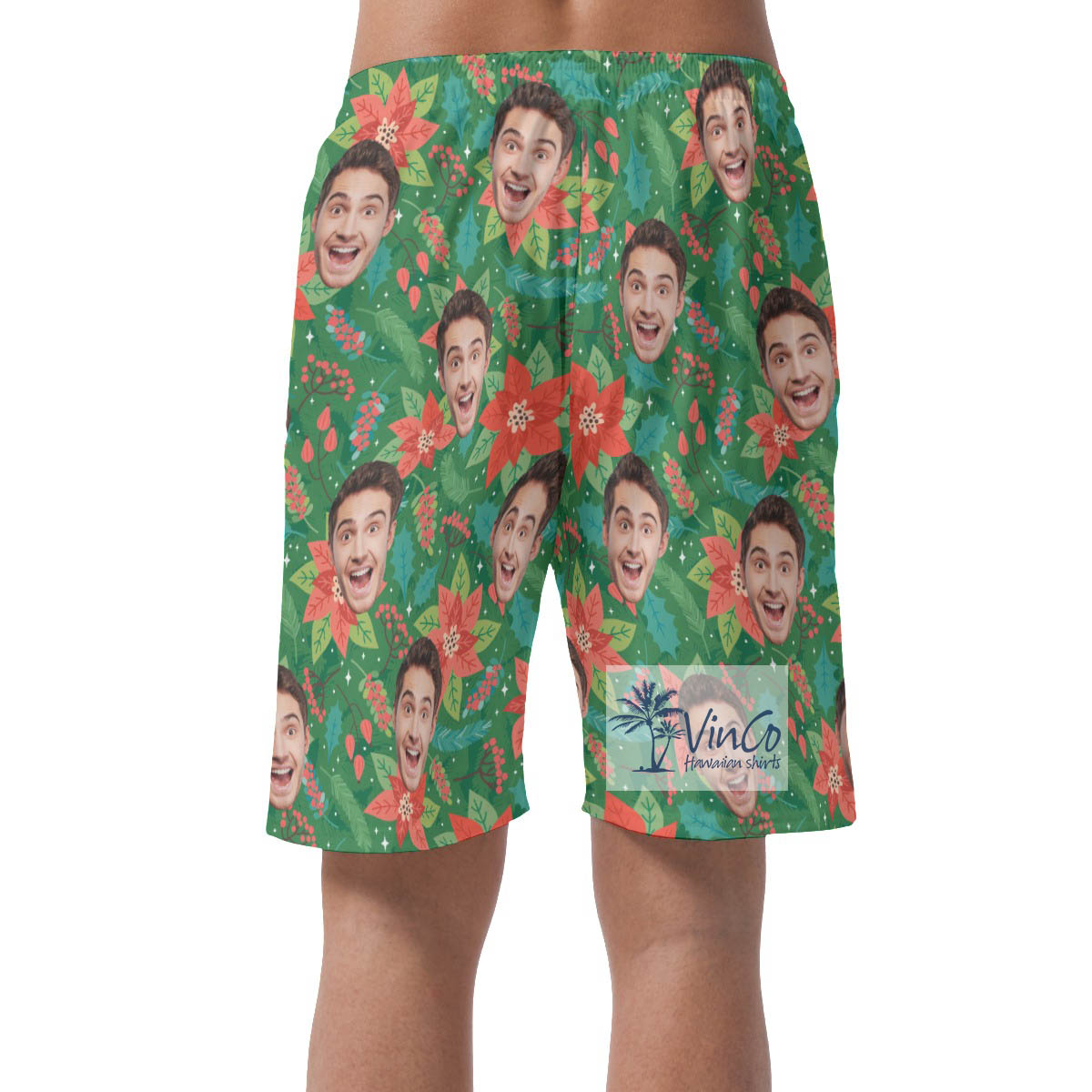 Custom Face Christmas Floral Hawaiian Beach Shorts For Men