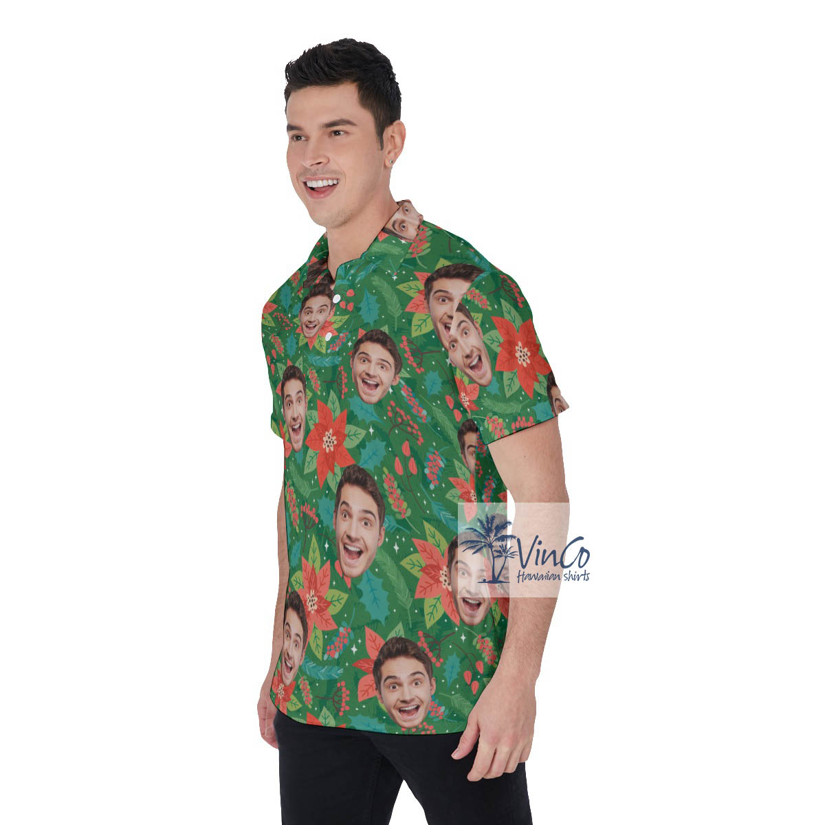 Custom Christmas Floral Hawaiian Polo Shirt With Face
