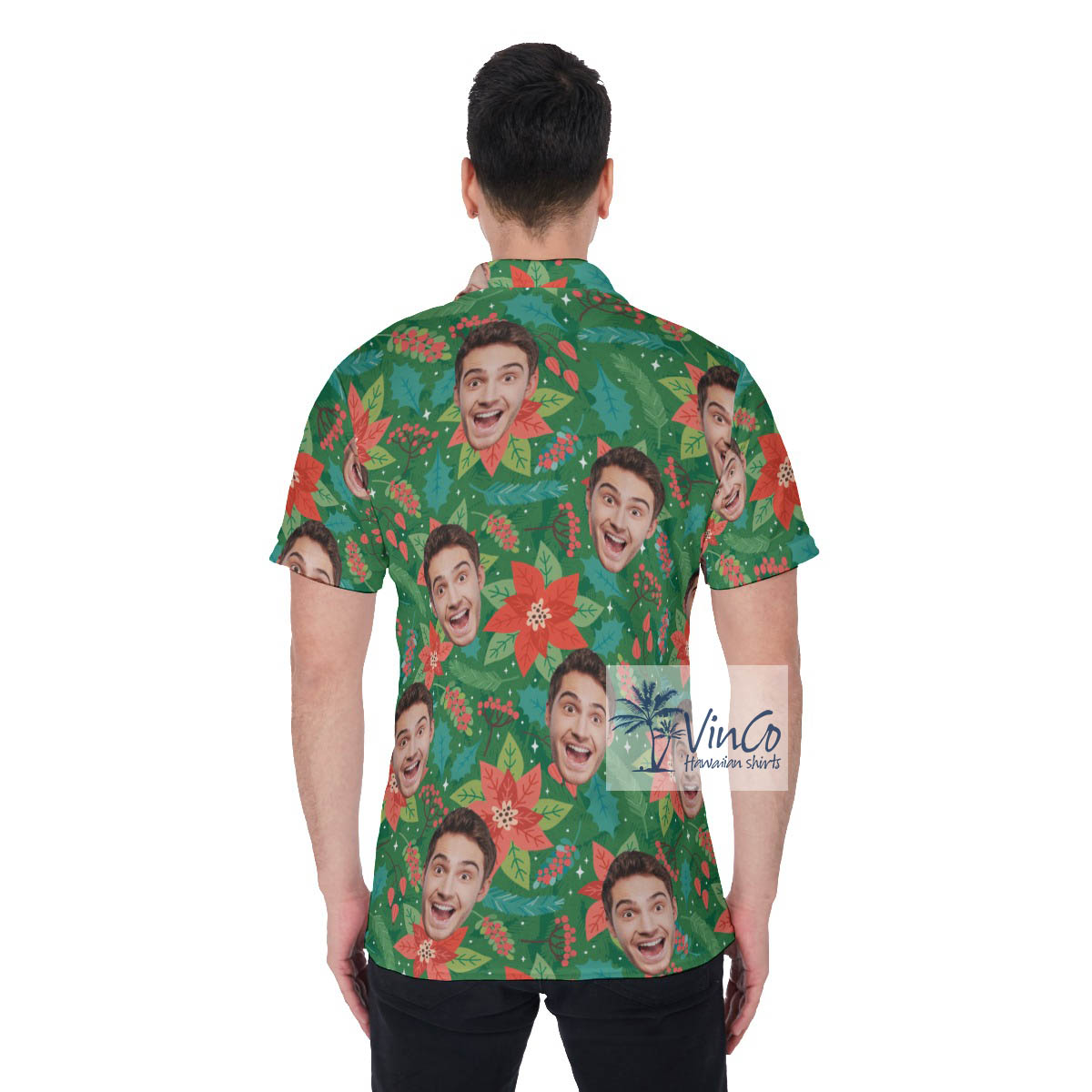 Custom Christmas Floral Hawaiian Polo Shirt With Face