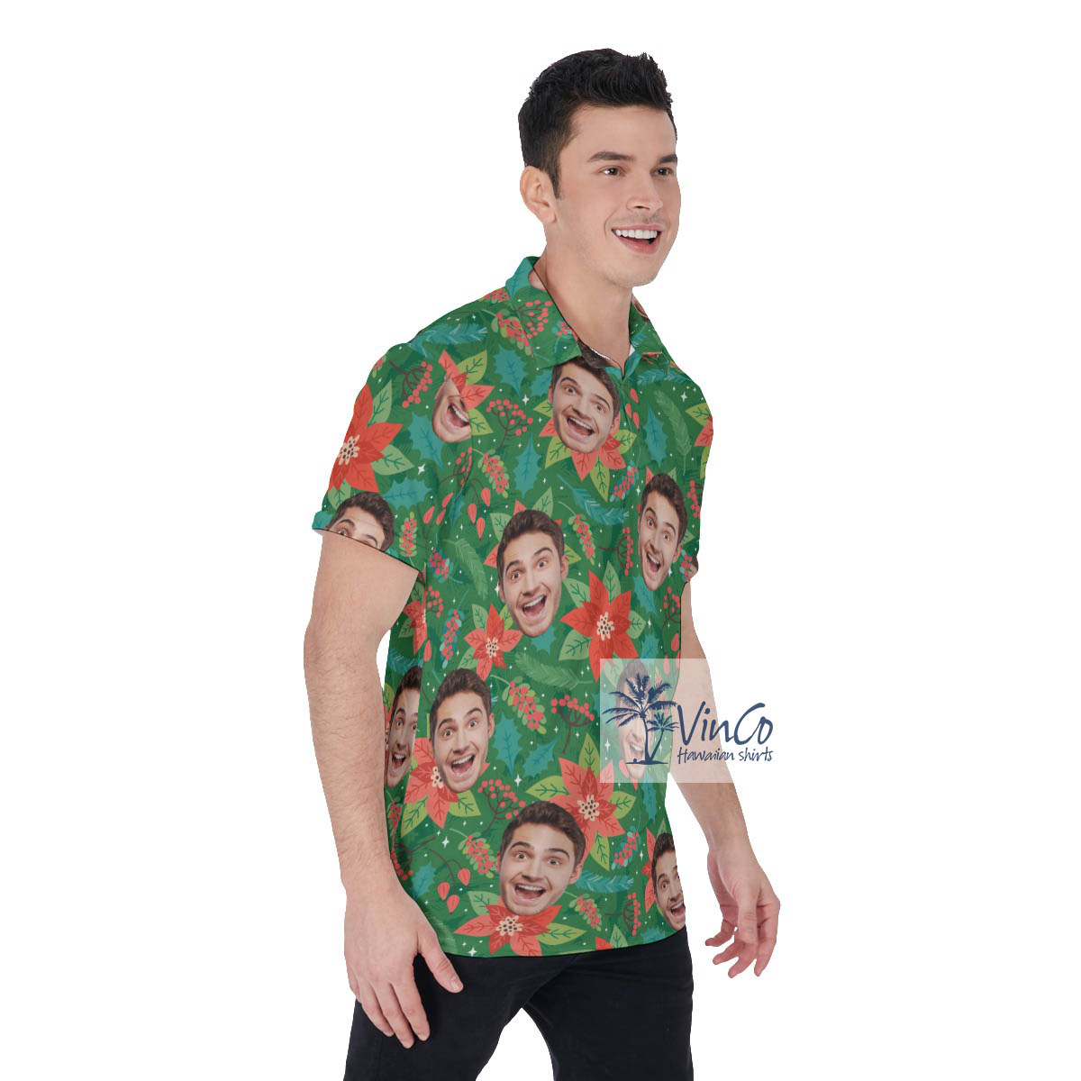 Custom Christmas Floral Hawaiian Polo Shirt With Face