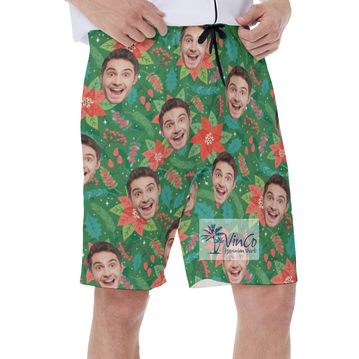 Funny Custom Face Christmas Floral Hawaiian Swimwear For Men