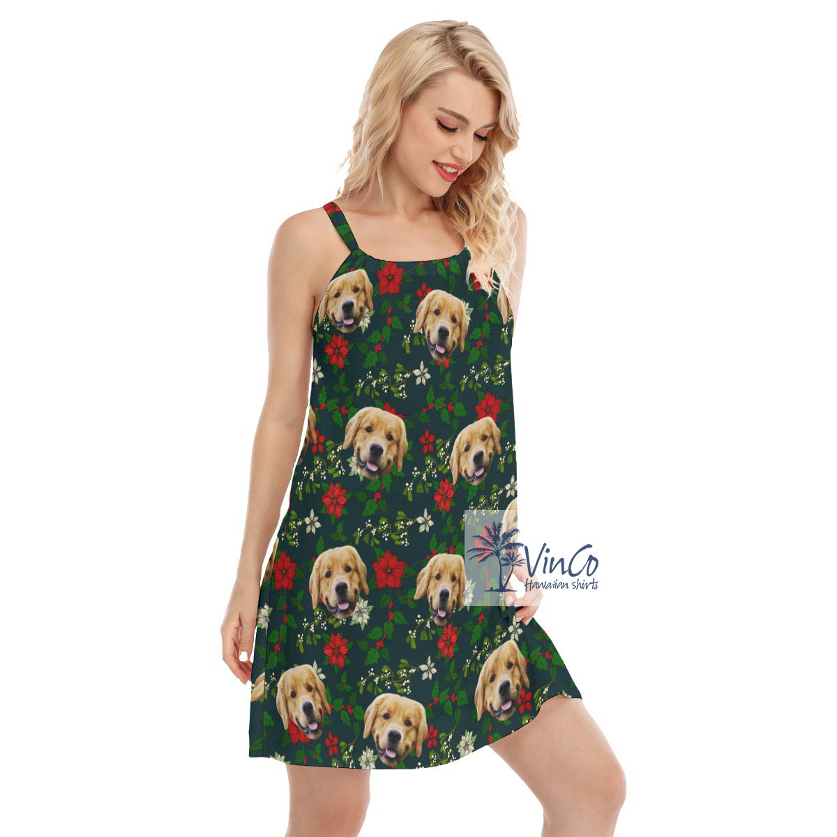Funny Custom Christmas Floral Hawaiian Cami Dress With Dog Face
