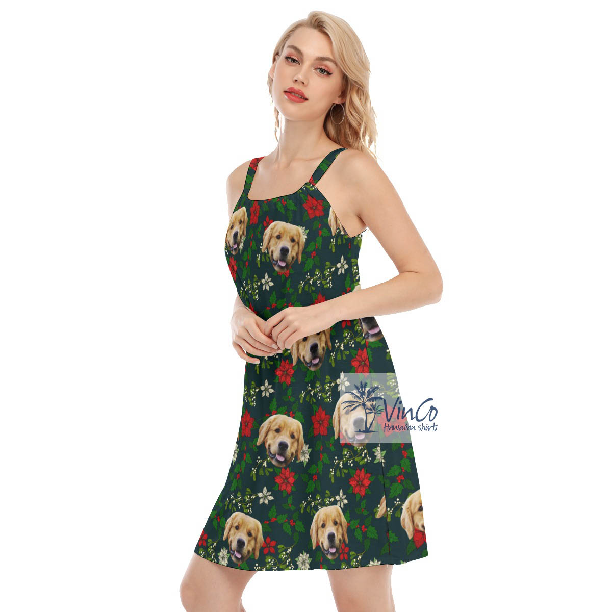 Funny Custom Christmas Floral Hawaiian Cami Dress With Dog Face