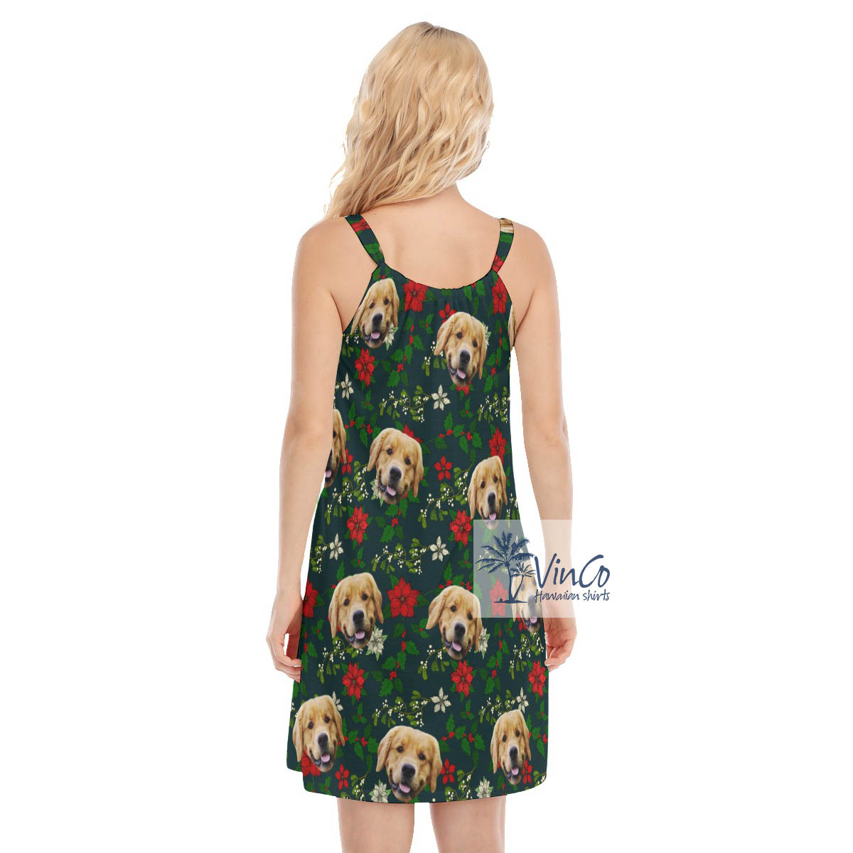 Funny Custom Christmas Floral Hawaiian Cami Dress With Dog Face