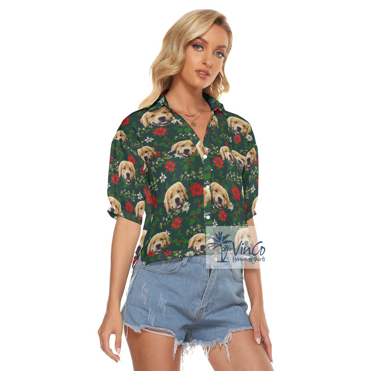 Funny Custom Dog Face Christmas Floral Hawaiian Crop Top Shirt For Women