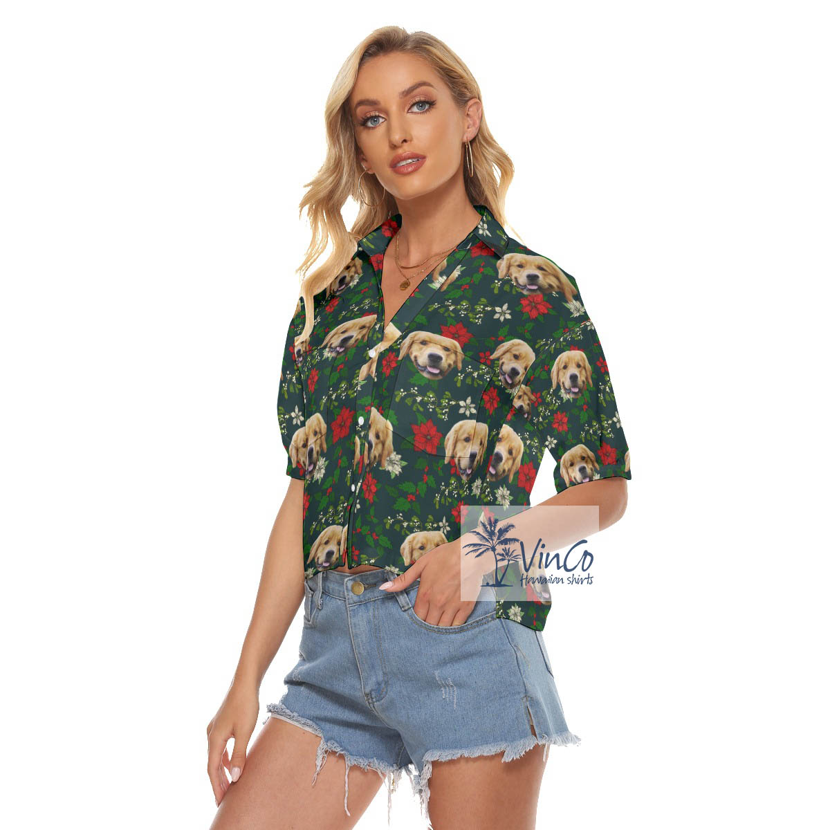 Funny Custom Dog Face Christmas Floral Hawaiian Crop Top Shirt For Women