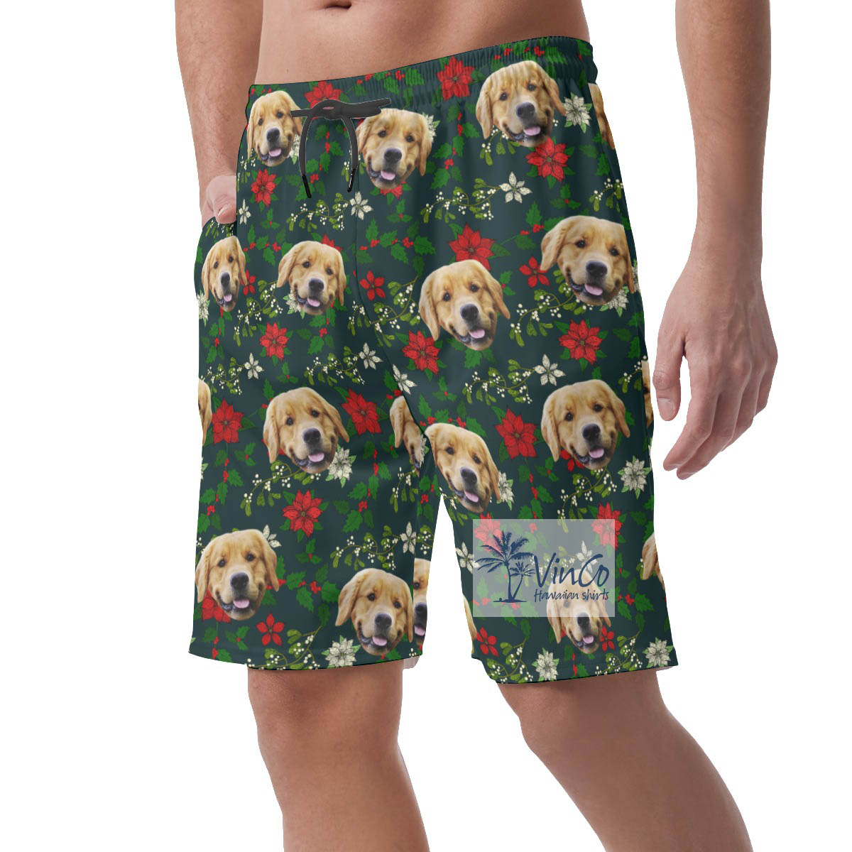 Custom Dog Face Christmas Floral Hawaiian Beach Shorts For Men