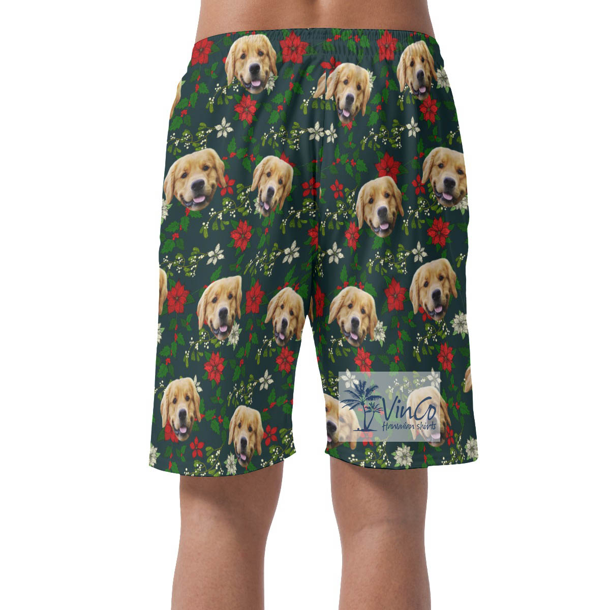 Custom Dog Face Christmas Floral Hawaiian Beach Shorts For Men