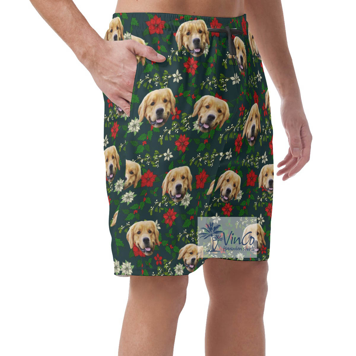 Custom Dog Face Christmas Floral Hawaiian Beach Shorts For Men