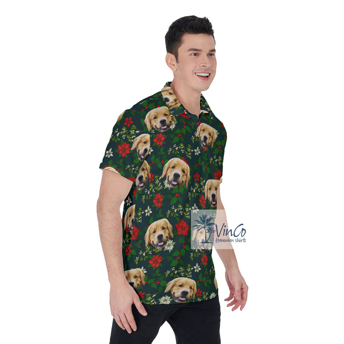 Custom Floral Poinsettia Green Hawaiian Polo Shirt With Dog Face