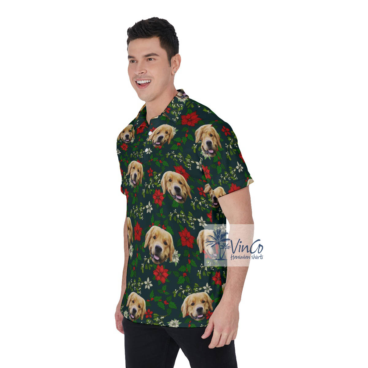 Custom Floral Poinsettia Green Hawaiian Polo Shirt With Dog Face