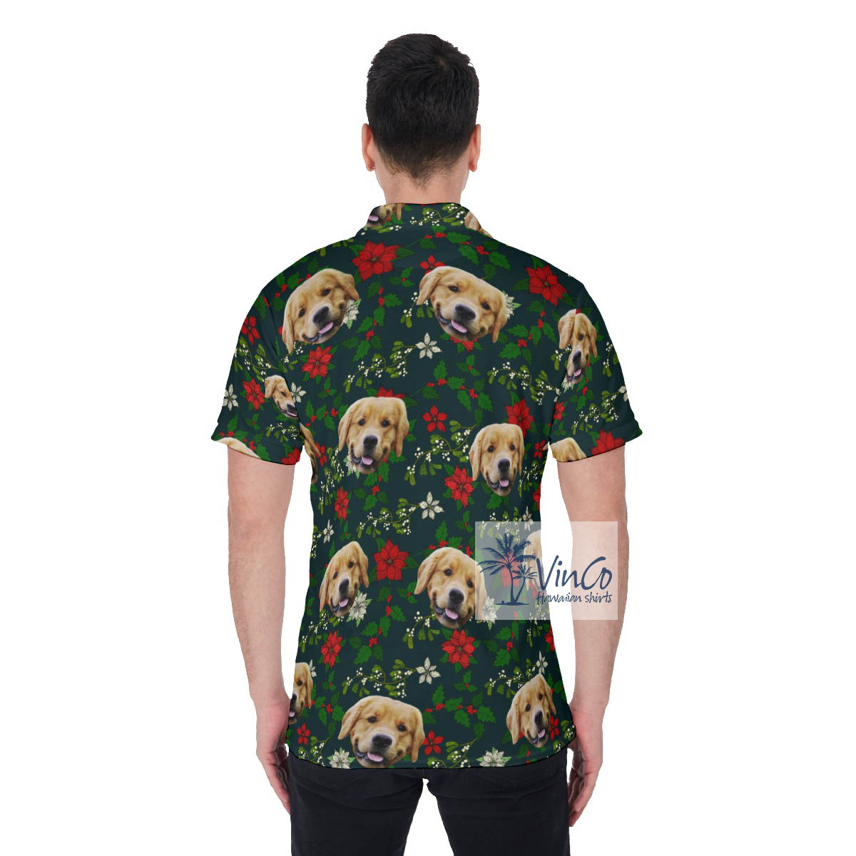Custom Floral Poinsettia Green Hawaiian Polo Shirt With Dog Face