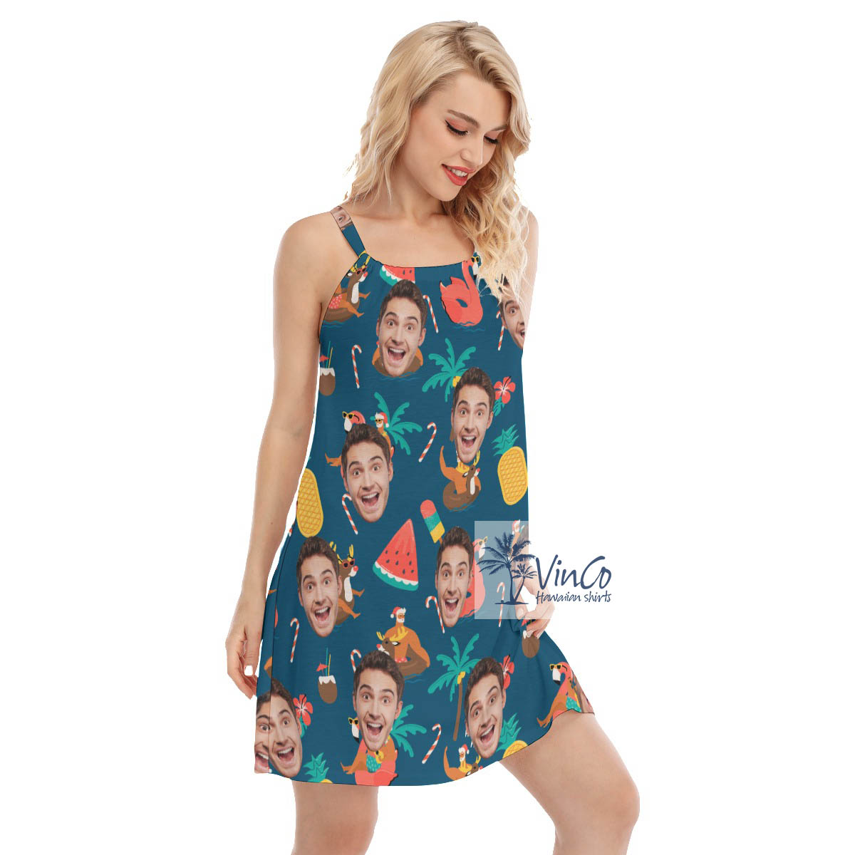 Christmas Santa Claus Tropical Custom Face Hawaiian Cami Dress For Women