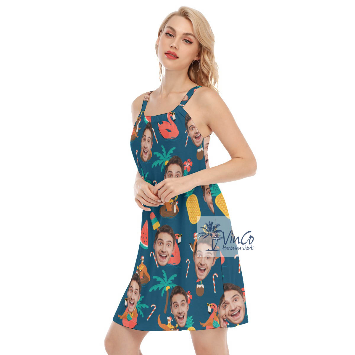 Christmas Santa Claus Tropical Custom Face Hawaiian Cami Dress For Women