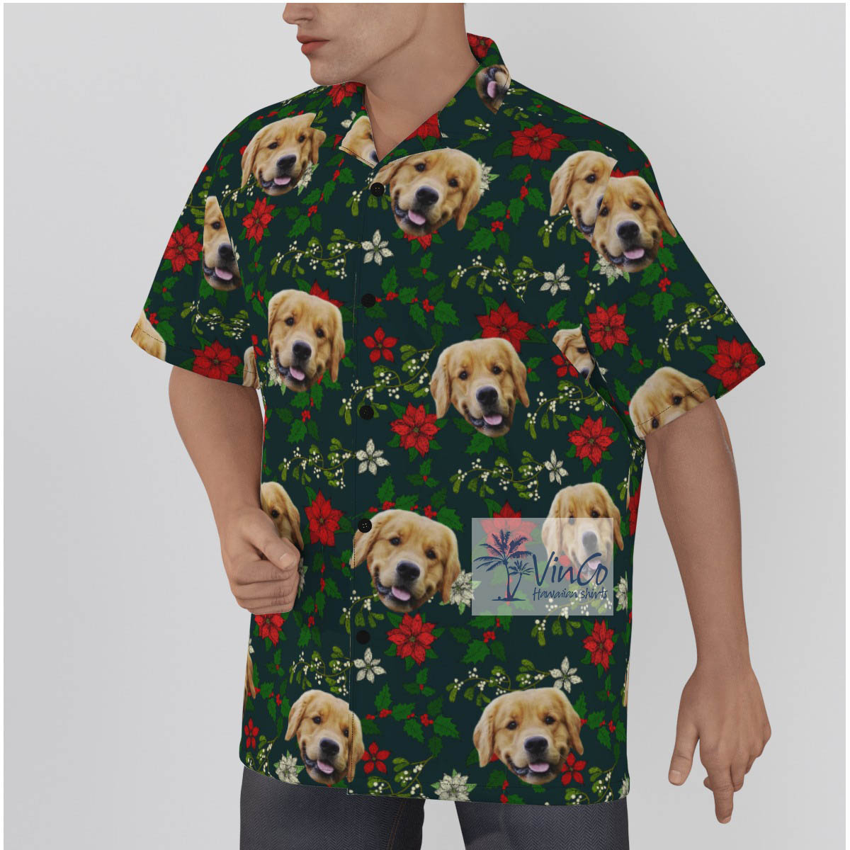 Funny Custom Dog Face Christmas Poinsettia Green Hawaiian Shirt