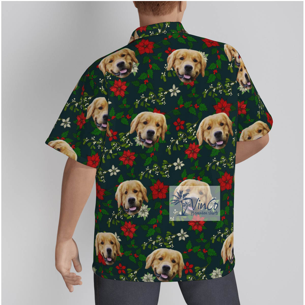 Funny Custom Dog Face Christmas Poinsettia Green Hawaiian Shirt