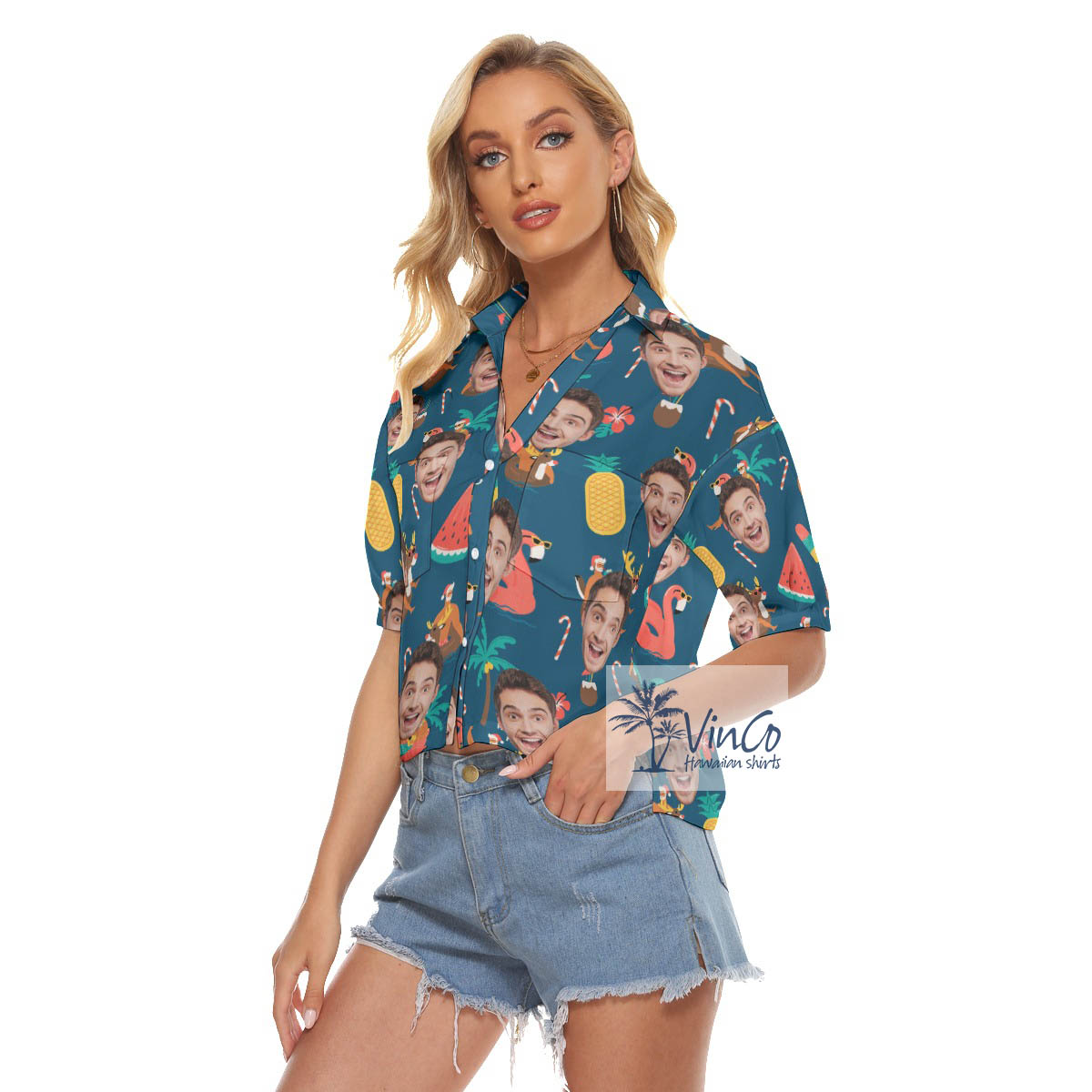 Tropical Christmas Santa Custom Face Aloha Cropped Shirt For Women