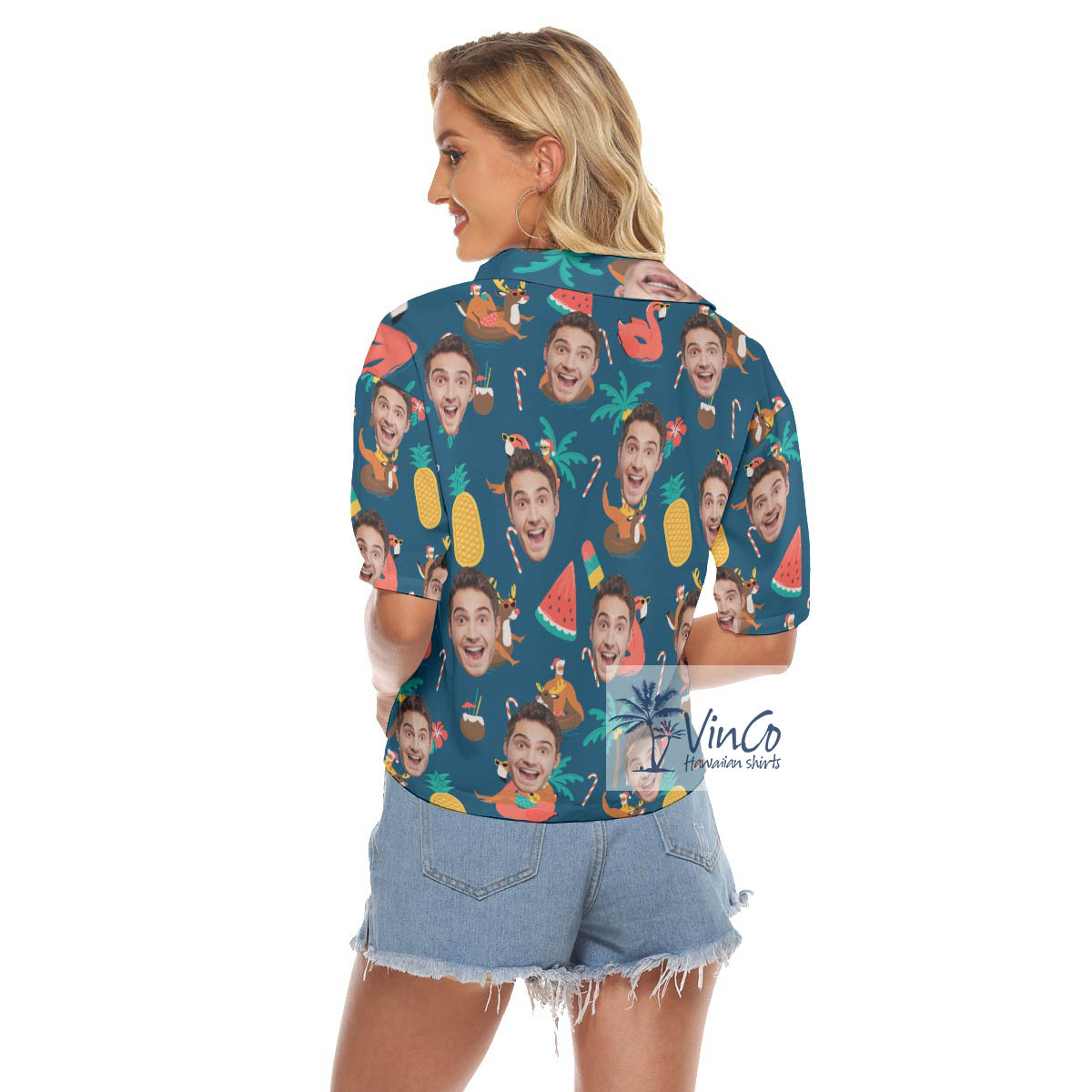 Tropical Christmas Santa Custom Face Aloha Cropped Shirt For Women