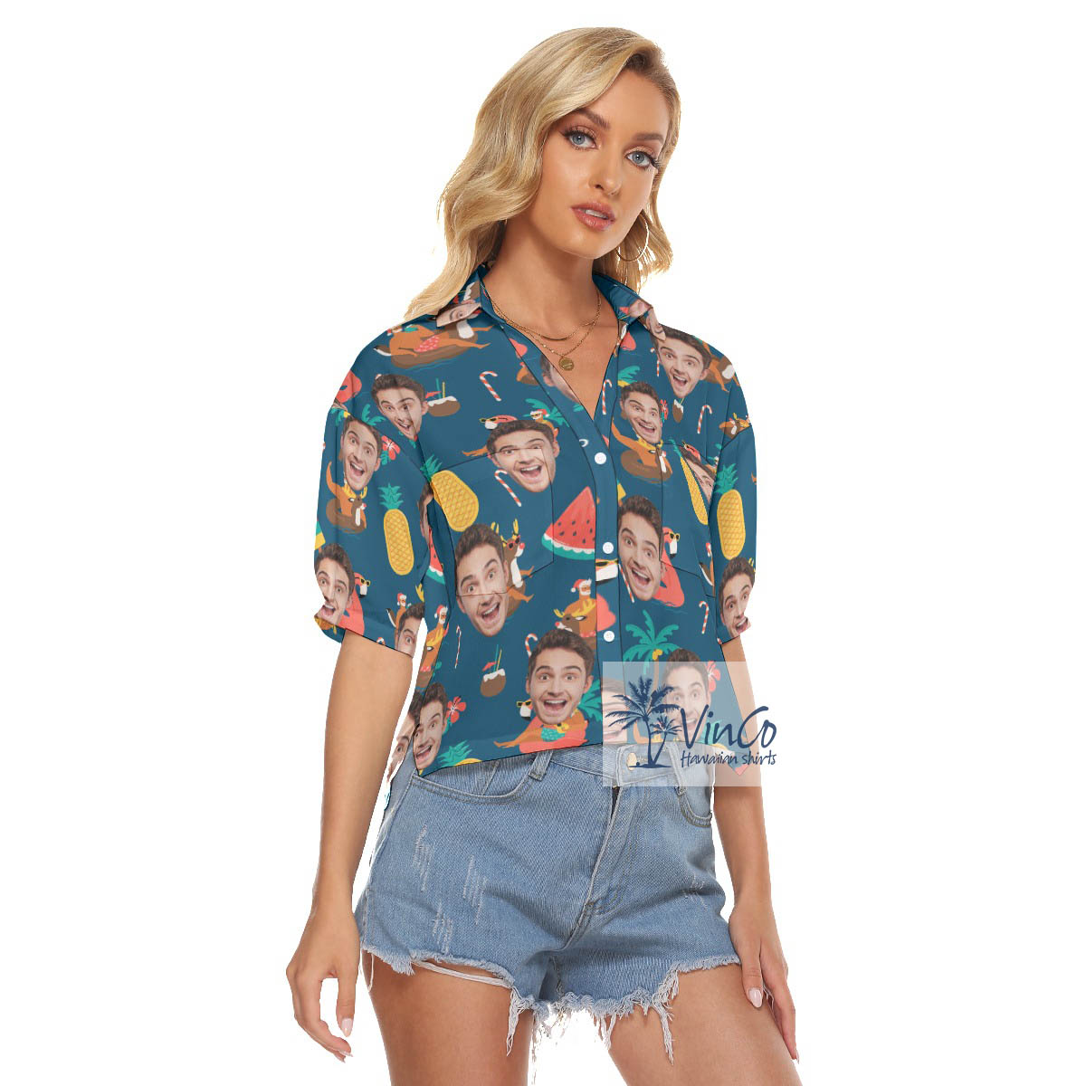 Tropical Christmas Santa Custom Face Aloha Cropped Shirt For Women
