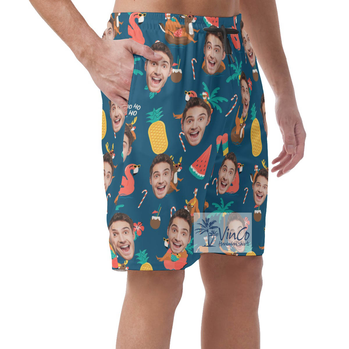 Custom Christmas Santa Claus Tropical Hawaiian Beach Shorts With Face