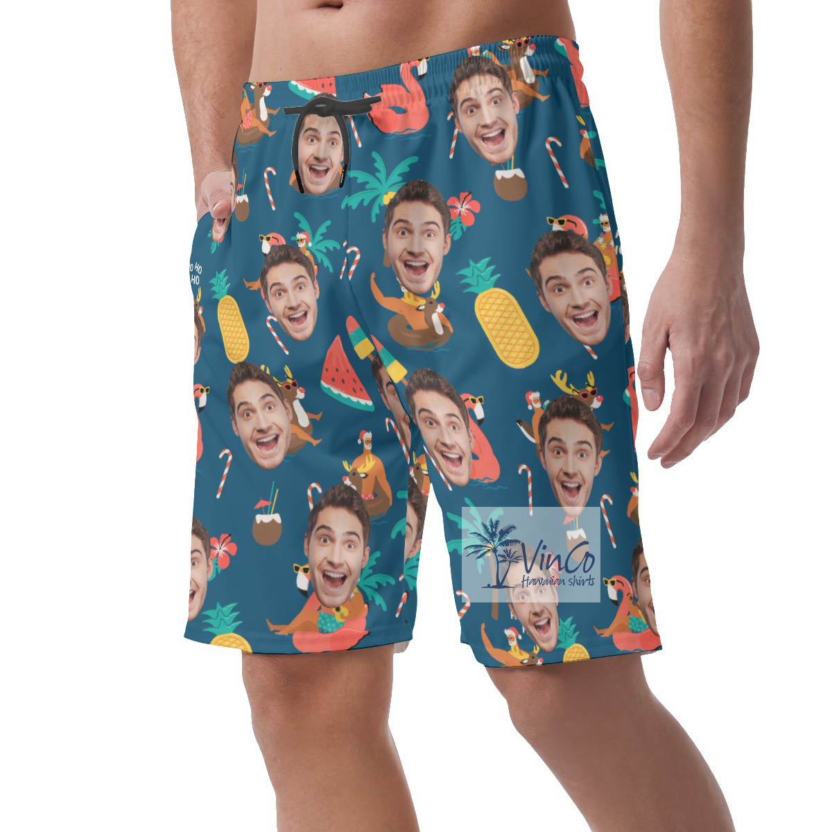 Custom Christmas Santa Claus Tropical Hawaiian Beach Shorts With Face