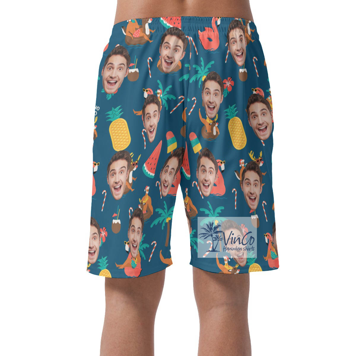 Custom Christmas Santa Claus Tropical Hawaiian Beach Shorts With Face